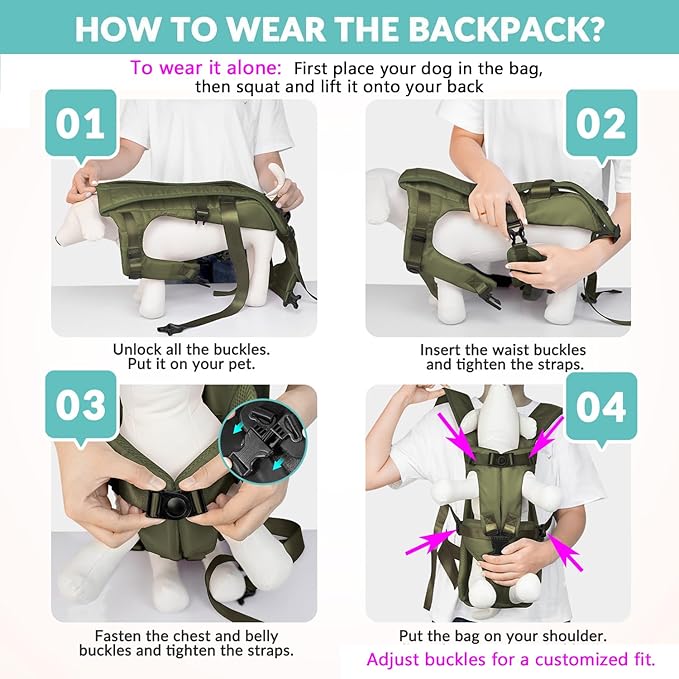 Lukovee Dog Backpack Carrier, Legs Out Easy-fit Dog Front Carrier for Small Medium Dogs, Adjustable Hands Free Dog Chest Carrier for Hiking Cycling (Green-4,Large)