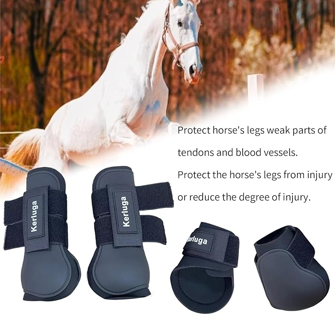 Horse Boots Set of 4 Open Front & Fetlock Tendon Boot for Horses Professional Sport Protection Impact-Absorbing Equine Leg Support Wraps for Jumping, Riding, Training (Black, Full)