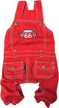 Parisian Pet Denim Dog Overalls - Embroidered 'Route 66' Red Jumpsuit - Breathable, Machine-Washable Medium Dog Costume