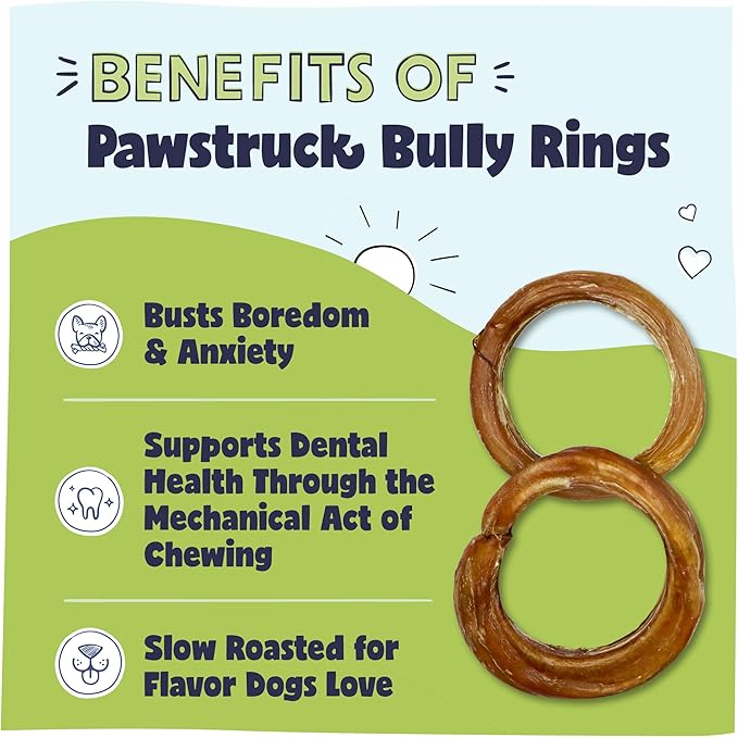 Pawstruck All-Natural 4" Bully Stick Rings for Dogs - Rawhide-Free, 100% Beef, Single Ingredient Dental Chew Bones - Fully Digestible, Low Odor - 3 Pack - Packaging May Vary