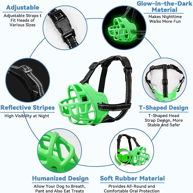Dog Muzzle for Large Dogs, Breathable Basket Muzzles for Small, Medium and X-Large Aggressive Dog, Allows Panting Drinking, Suitable for Grooming Trimming Training (5, Luminous Green)