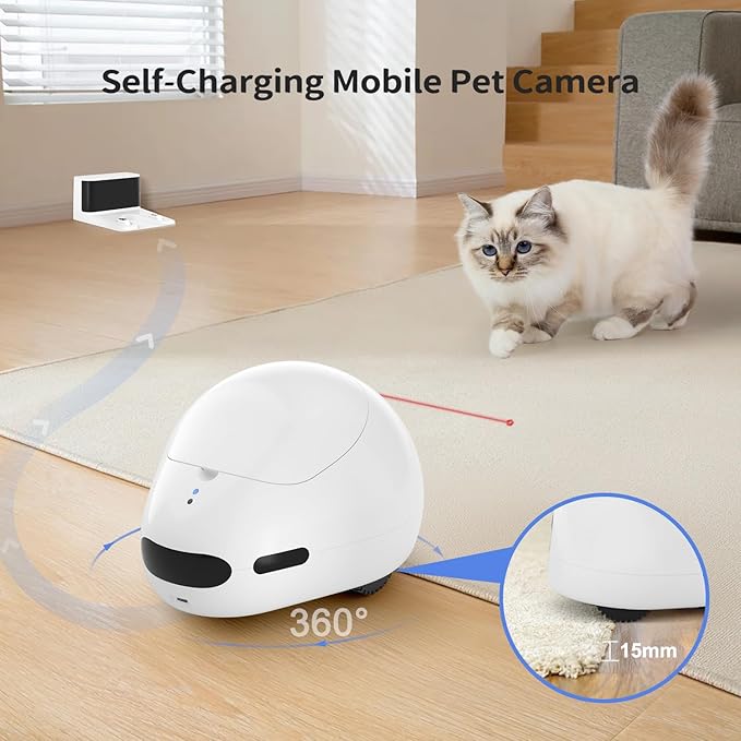 Cat Camera with Interactive Pointer Toy, Moving Robot for Dog and Cat, Mobile Pet Camera Treat Dispenser with Phone App, Auto Recharging and Night Vision, Two-Way Audio (2.4G Wi-Fi Only)