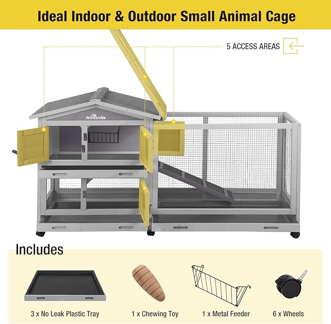 Aivituvin Rabbit Hutch Outdoor Indoor Rabbit Cage Chikcen Coop with Casters Guinea Pig Cage with 3 Deep No Leakage Pull Out Tray,Waterproof Roof