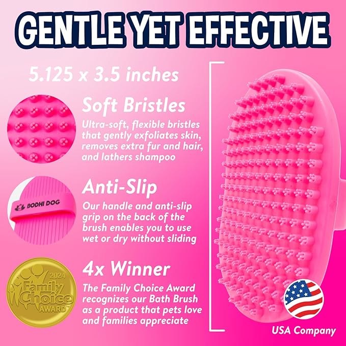 Bodhi Dog Shampoo Brush - Pet Grooming & Bath Supplies for Cats and Dog Bath Brush for Long & Short Hair - Premium Scrubber for Shower, Bathing & Massage - (One Pack, Pink)