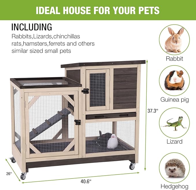 GUTINNEEN Rabbit Hutch Indoor Mobile Bunny Cage with Run Wooden 2 Story Guinea Pig Cage Outdoor for Small Animals with Wheels,Two Deeper No Leak Trays(Brown)