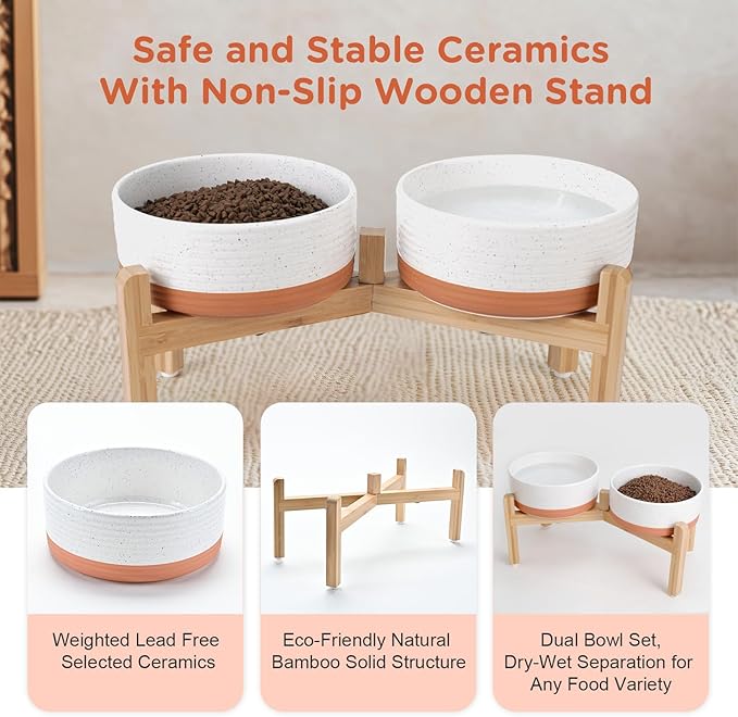 SPUNKYJUNKY Elevated Dog Bowls Ceramic, 7.3'' Dogs Food Water Bowls Raised with Non-Slip Bamboo Stand for Medium to Large Sized Breed Microwave Dishwasher Safe - 42 OZ,Pattern White