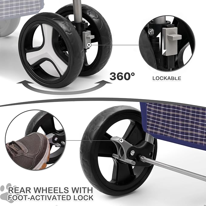MoNiBloom 3 Wheels Pet Dog Cat Stroller for Small Medium Dogs Cats, Lightweight Foldable Jogger Stroller w/Storage Basket and Cup Holder, Plaid