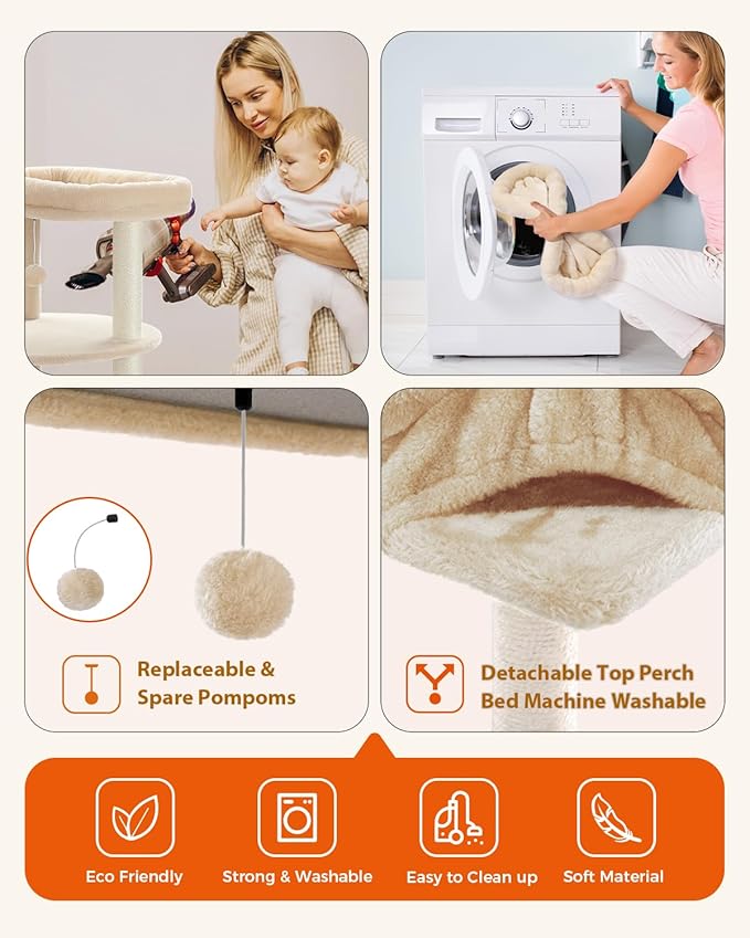 PETEPELA 61" Cat Tree for Indoor Cats, [6-Levels] Cat Climbing Tower with 9 Sisal Scratching Posts and Replaceable Dangling Ball &Top Perch, Beige