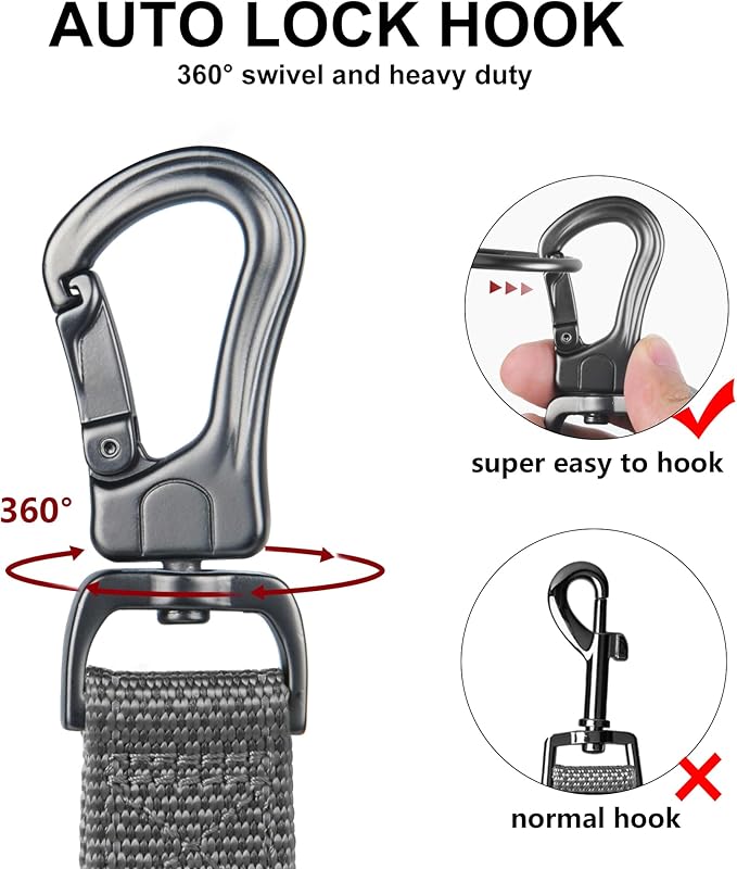 TwoEar 5FT 1IN Strong Gray Dog Leash with 2 Padded Handles, Traffic Handle Extra Control, Comfortable Soft Dual Handle, Auto Lock Hook, Reflective Walking Lead for Small Medium and Large Dogs