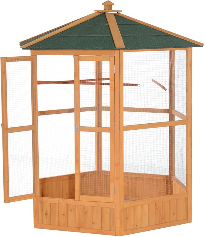PawHut 69" Large Wooden Hexagonal Outdoor Aviary Flight Bird Cage with Covered Roof, Brown