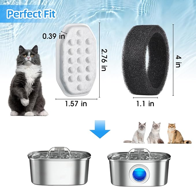 20 Pack Cat Water Fountain Filters-Cat Fountain Replacement Filters for Stainless Steel 3.2L/108oz Adjustable Water Flow Cat Fountain(10 Pack Pet Water Filter Refills+10 Pack Sponges)
