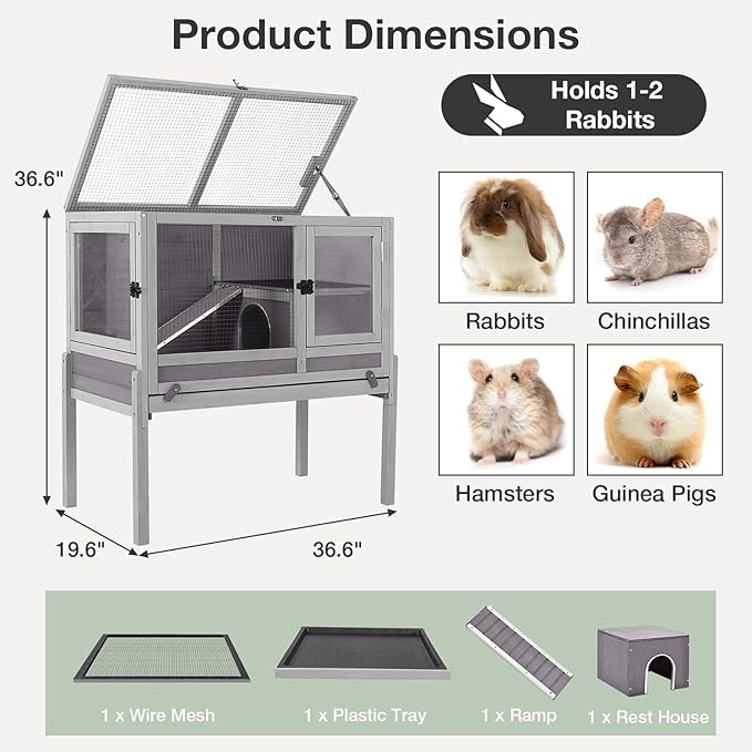 Guinea Pig Cage with Wooden Stand - Hamster Cage, Small Animal Cage Anti Chew Ramp, Hideout, Platform, Pull Out Tray (Grey, L)