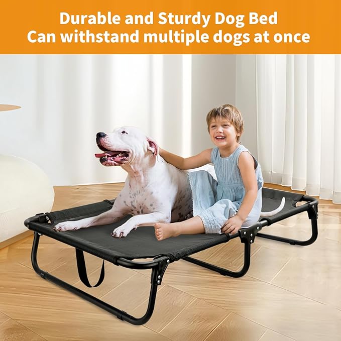 Elevated Dog Bed Large Sized Dog Cots Beds for Large Dogs Foldable Raised Dogs Beds Outdoor Cooling Chew-Proof, No Assembly Need, Black