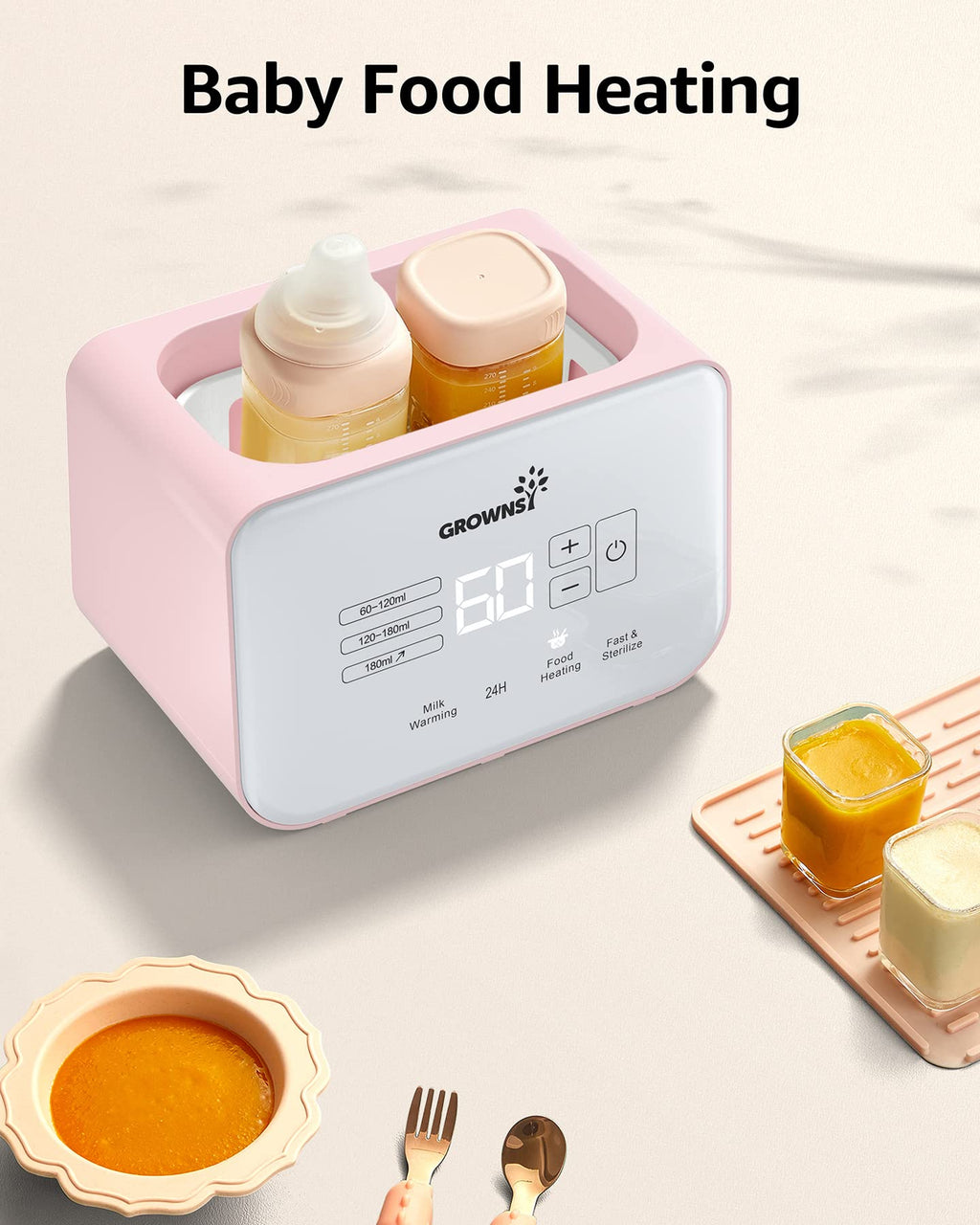 Baby Bottle Warmer, Grownsy 8-in-1 Fast Milk Warmer with Timer Breastmilk or Formula, Fits 2 Bottles, Accurate Temperature Control, with Defrost, Sterili-zing, Keep, Heat Baby Food Jars Function