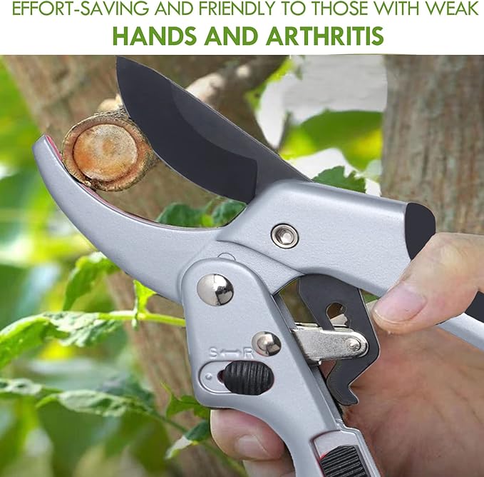 Garden clippers, premium Germany pruners, Work 3 times easier, professional ratchet pruning shears, cutting rose, flower, hedge, stem, tree, Sharp gardening scissors, Arthritis weak hand snips