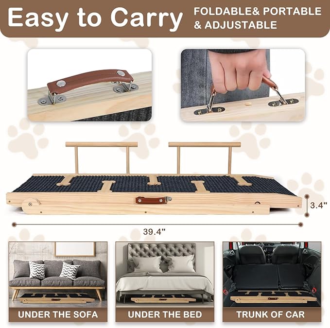Dog Ramp for Bed, Non-Slip Pet Ramp with 5 Adjustable Heights, Portable Foldable Wooden 40" Long Pet Stairs for Small & Large Old Dogs & Cats - Lightweight & Easy Storage