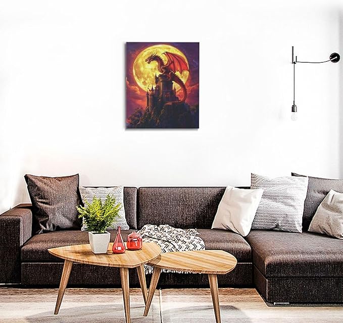 Dragon Bathroom Pictures Wall Art, Red Dragon Castle Bathroom Wall Decor, Framed Painting Canvas Artwork for Bedroom Living Room Decorations 24"L x 20"W