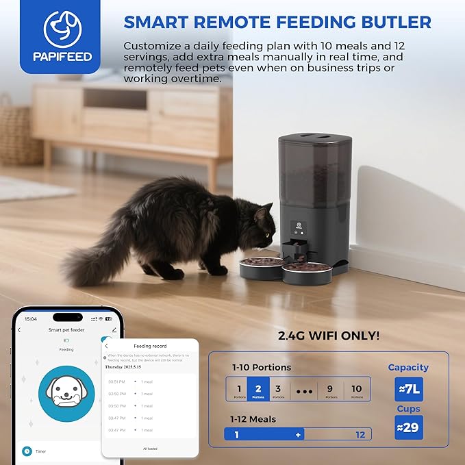 PAPIFEED 7L Automatic Cat Feeder for 2 Cats - 2.4G WiFi Timed Auto Feeder with APP Control, Cat Food Dispenser with Alexa for Multiple Cats, Detachable for Easy Clean, 1-10 Meals Per Day - Black