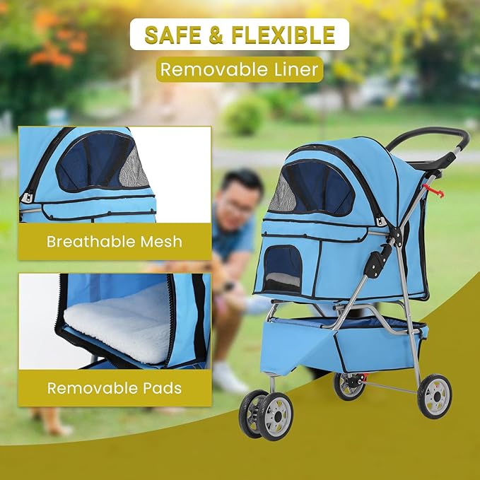 Foldable Pet Stroller for Cats and Dogs 3 Wheels Carrier Strolling Cart with Weather Cover, Mesh Panels，Storage Basket Cup Holder，Blue