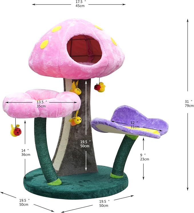 Catry® Wonderland 3-Level 31" Cat Tree with Mushroom Condo, Flower Perch, Sisal Scratching Pad, Parts Replaceable, Garden Style with Bee Toys. Multi- Color