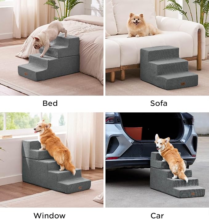 Made4Pets Dog Steps for Bed, Extra Wide Dog Stairs for High Bed Couch Sofa, 35D Foam Pet Steps for Small Dogs and Cats, Non-Slip Bottom Pet Stairs, Grey, 4 Steps