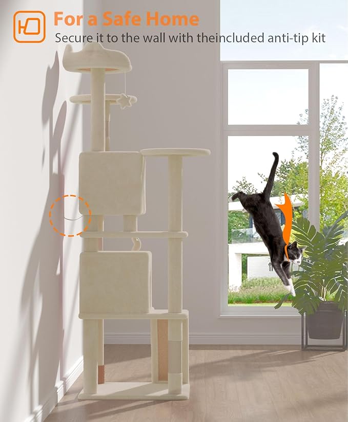 77'' Cat Tree Tower for Indoor Cats Large Adult, Cute/Tall Modern Cat Tree for Big Cats 20 lbs, Plush Multi-Level Cat Condo with Scratching Posts, Dangling Ball for Fun Play (Beige, 77 inch)