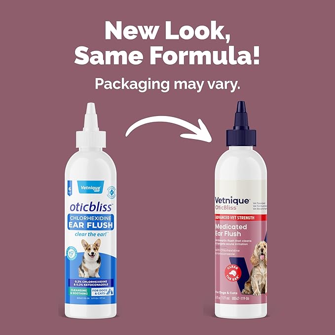 Vetnique Oticbliss Advanced Strength Medicated Dog Ear Infection Treatment, Antiseptic Ear Cleaner for Cat & Dog Ear Cleaning Solution Chlorhexidine & Ketoconazole (6oz Flush)