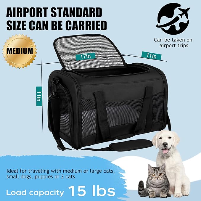 Carriers Soft-Sided Pet Carrier for Cats Dogs Under 15 lbs,TSA Airline Approved with 4 Ventilated Windows(Medium,Black)