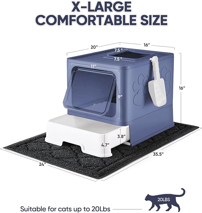 Cat Litter Box with X-Large Litter Mat and Scoop, Large Foldable Litter Box with Lid, Enclosed Kitty Box,Front Top Entry Exit, Odor Control Easy to Clean (Upgrade Midnight)