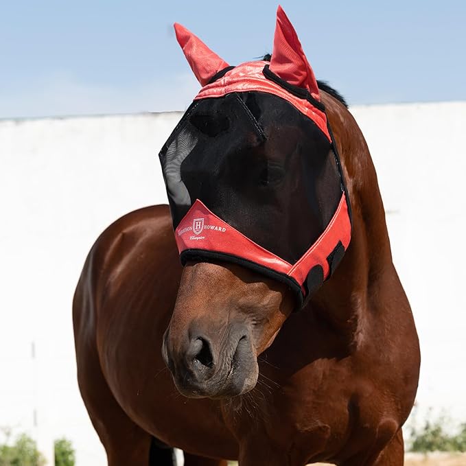 Harrison Howard Pro Luminous Horse Half Face Fly Mask Large Eye Space with Ears UV Protection for Horse Coral Orange L