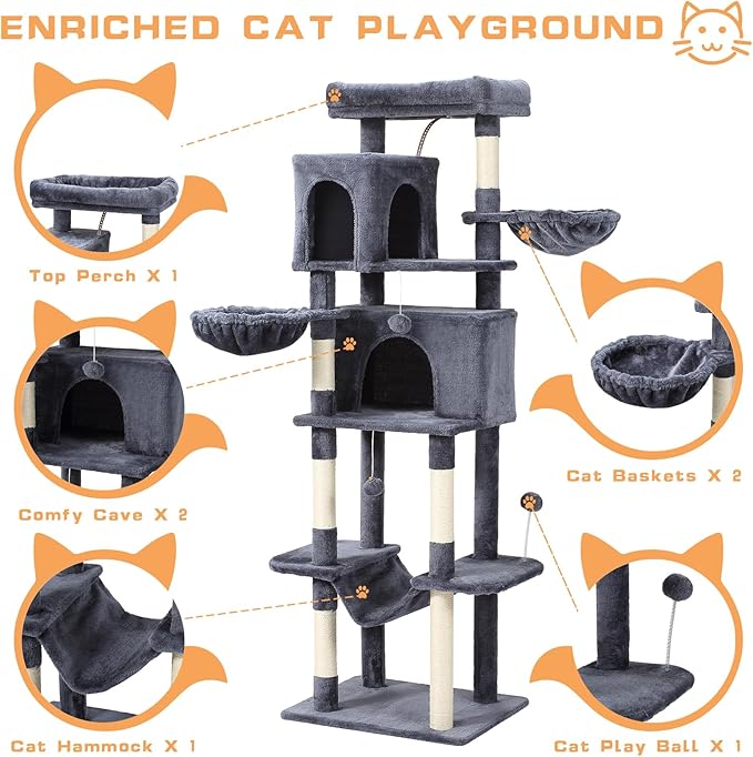 70-Inch Cat Tree,Large Cat Tree Tower with Hammock, Scratching Post, Condo and Multi-Level Cat Tower for Large Cats, Cat Activity Center Playhouse, Dark Gray LCT016