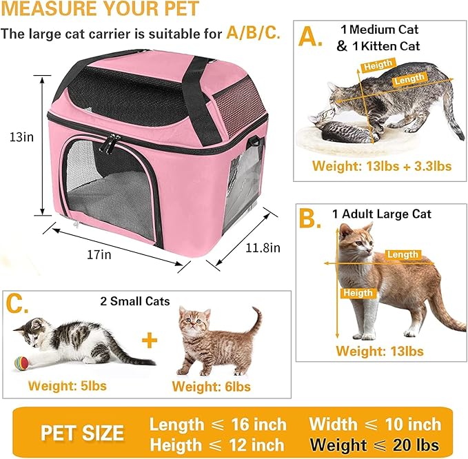 Soft-Sided Cat Carrier Bag Backpack Portable Breathable Collapsible Pet Carrier for Cats Kitten Puppy Small Dogs - Pink