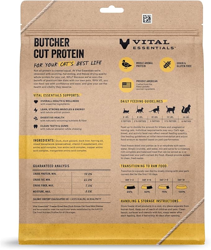 Vital Essentials Freeze-Dried Raw Cat Food, Duck Mini Patties, 15 oz