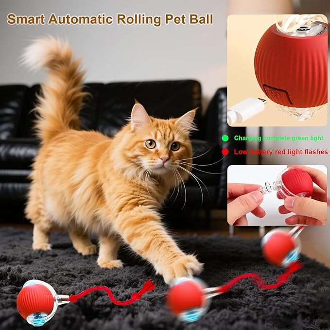 Interactive Cat Toy, 2025 New Interactive Rolling Cats Dog Toy Balls 360° Smart Automatic Rolling Pet Ball, Fast Moving Toy for Dog,Cat Ball Toy (Red)