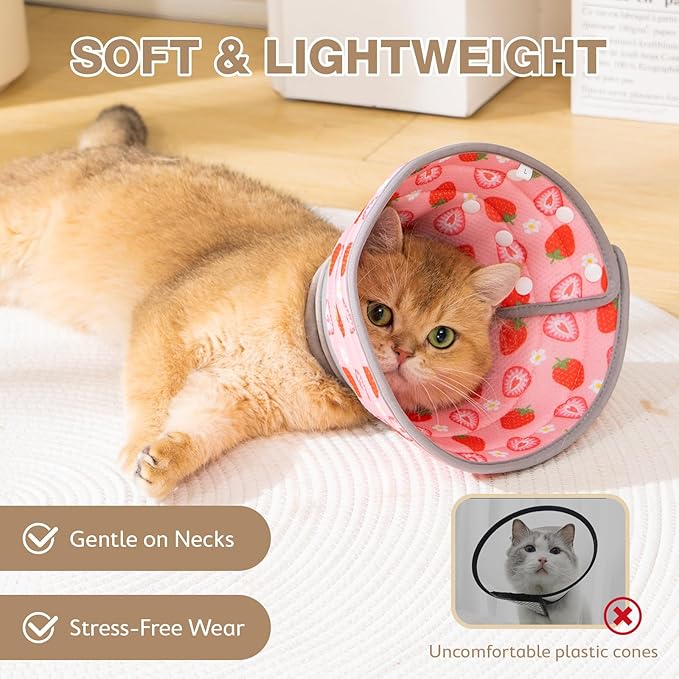 Avont Cat Cone Collar Soft to Stop Licking, Adjustable Foldable Lightweight Kitten Recovery Collar After Surgery for Small Dogs, Elizabeth Cone of Shame Alternative -Strawberry(S)