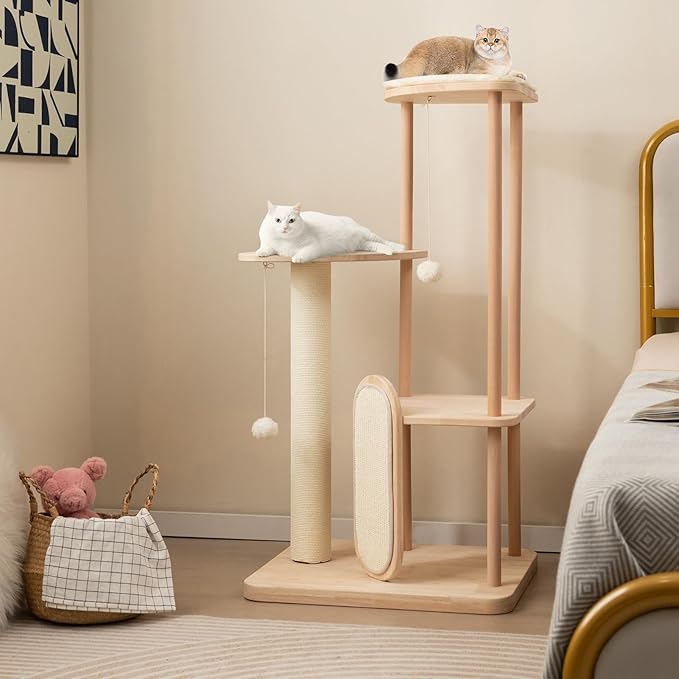 Tangkula Wood Cat Tree for Indoor Cats, Multi-Level Modern Cat Tower with Sisal Scratching Board & Post, Padded Perch, Platform, Hanging Toy, Minimalist Kitten Activity Center for Small & Medium Cats