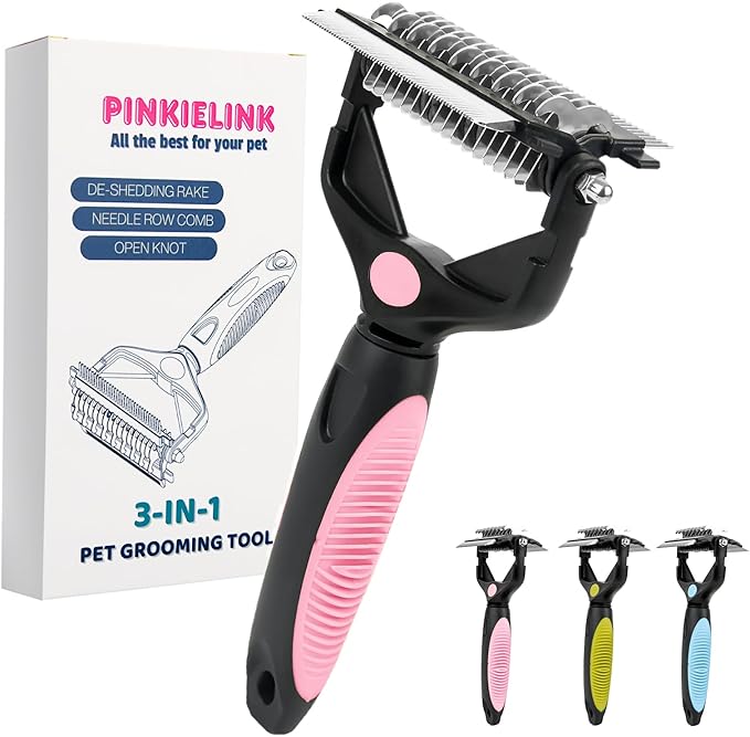 3-IN-1 Pet Grooming Tool - Undercoat Rake, Dematting Comb & Deshedding Brush for Cats & Dogs - Removes Mats, Tangles & Loose Fur, Reduces Shedding & Prevents Hair Mess (Pink)
