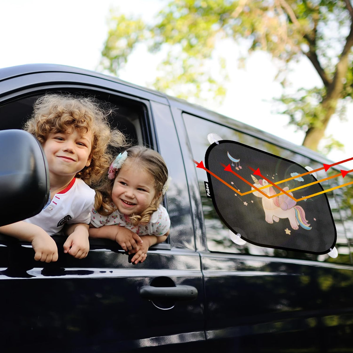 Pakoo Car Sun Shade for Baby with UV Protection, 2 Pack UV Protection Breathable Car Window Sun Shade for Children with Cute Animal Motifs, 17.7 x 14 inches Sun Shades with 8 Cups