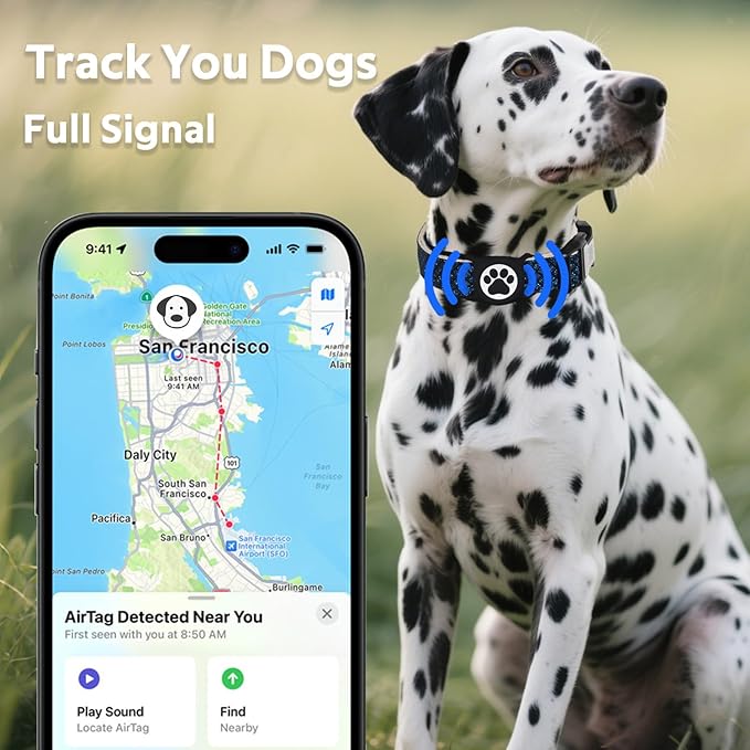 Dog Collar with Waterproof AirTag Holder & Anti-Lost QR Code, Cute Bling Warpping Adjustable Width for Small Medium Large Pet (Blue, M)