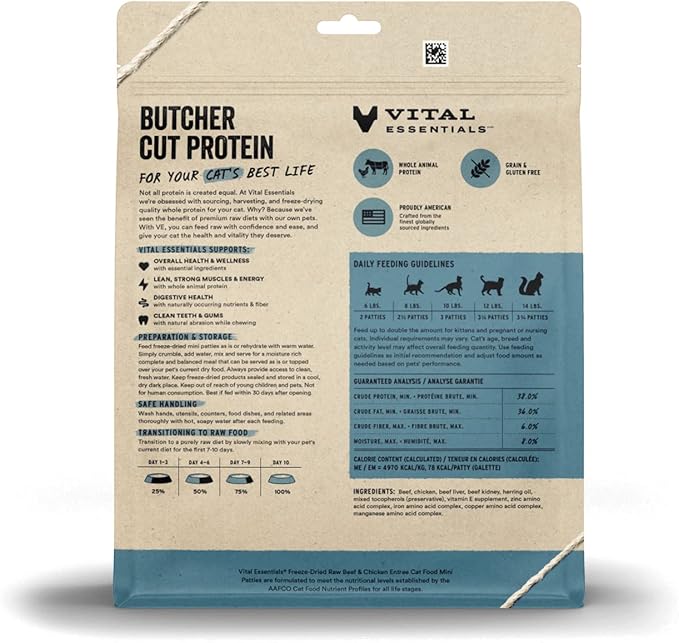 Vital Essentials Freeze Dried Raw Cat Food, Beef & Chicken Mini Patties Entree, 8 oz