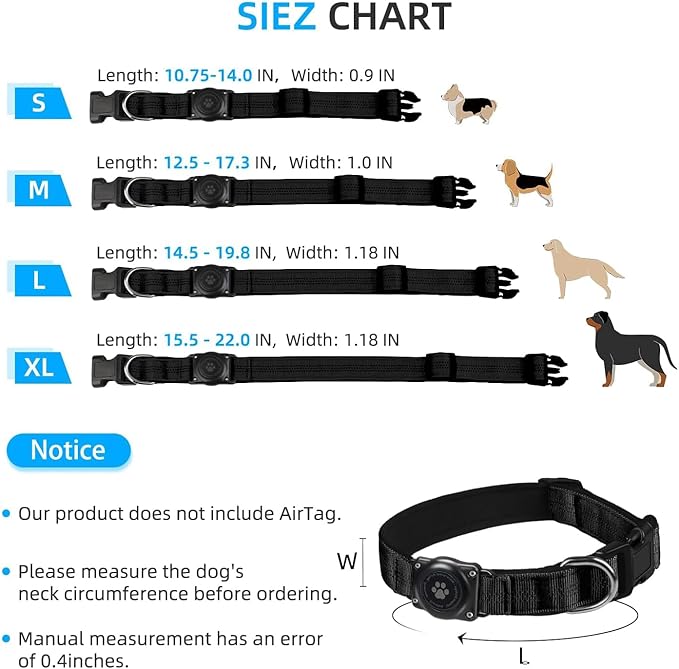 Reflective Air Tag Dog Collar - 100% Waterproof Dog Collar AirTag Holder | Extra-Durable, Soft Padded AirTag Dog Collars for Small Medium Large Dogs