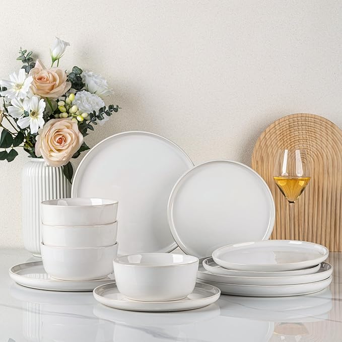 GBHOME Ceramic Dinnerware Sets for 4, 12 Pieces Stoneware Plates and Bowls Sets, Reactive Glaze Dishes -Scratch Resistant, Dishwasher&Microwave Safe-Star White