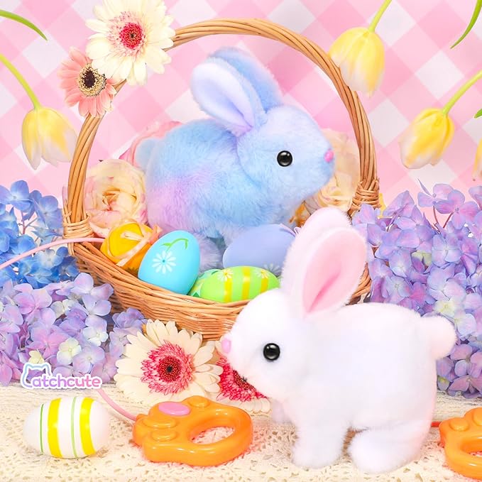 Hopping Plush Bunny Easter Interactive Toys for Kids,Can Wagging Tail and Twitching Nose with Remote Control Leash,Easter Eggs and Decorations,Easter Christmas Birthday Gift for Toddlers