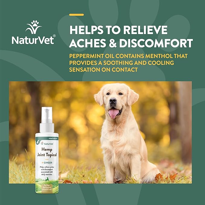 NaturVet Hemp Joint Topical Spray with Ginger for Dogs, 6oz Liquid, Made in The USA