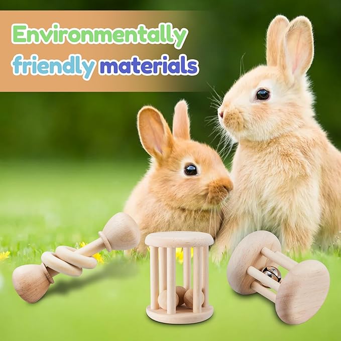 3 Pcs Wooden Bunny Toys - Safe Rabbit & Guinea Pigs Teeth Grinding Toys for Chinchillas, Hamsters & Small Animals - Indoor & Outdoor