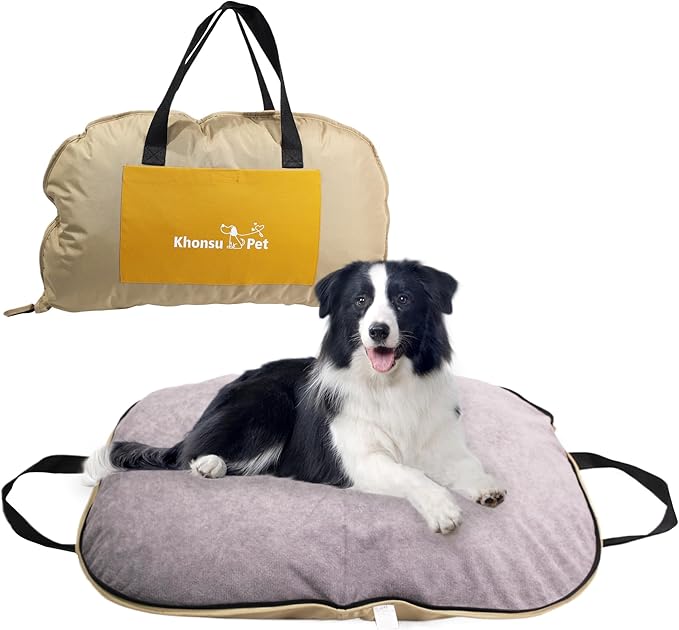 Portable Waterproof Dog Mat for Camping, Patio & Travel - Foldable Outdoor Dog Bed with Teflon Shell & Removable Plush Pad - Easy Clean, Durable - L (Khaki)