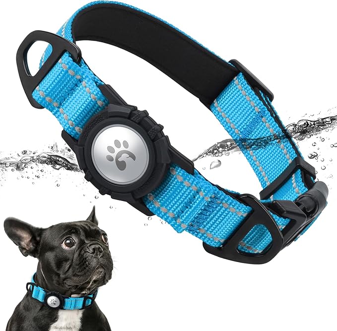 TagME Airtag Dog Collar,Waterproof Reflective Pet Collar with Airtag Holder,Soft Padded and Double D-Rings for Puppy,Light Blue