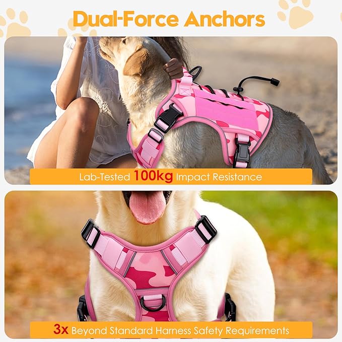 Heavy-Duty Tactical Dog Harness for Large Dogs, No Pull Adjustable Reflective Pet Vest with Molle System, K9 Military-Grade Control for Service Training, Outdoor & 10+ Breeds, Pink Camo, Large