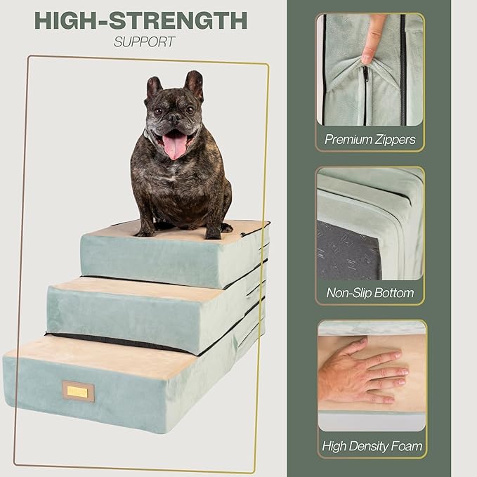 All-in-One Adjustable Dog Stairs – 5-Step Premium Pet Ramp for Small to Large Dogs – Sturdy, Non-Slip & Versatile for Beds, Sofas & More - Soft Cover, Modern Design (Green)