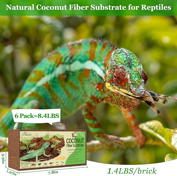 Riare 6 Pack Natural Coconut Fiber Substrate for Reptile- Premium Compressed Coconut Husk Terrarium Bedding for Reptile, Tortoise, Frogs, Snakes Hermit Crabs, Burrowing Animals